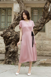V-neck midi silk dress with short sleeves and contrast tie waist detail for elegant styling